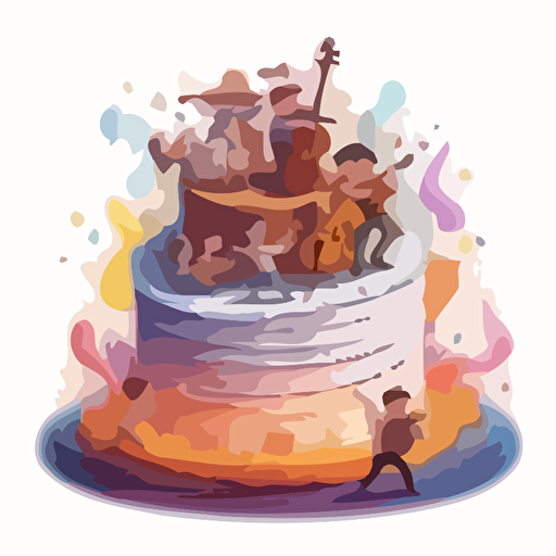 children's book simple vector Illustration of an orchestra bursting out of a big cake