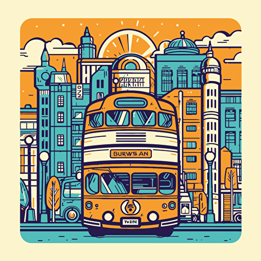 a simple city themed card back design with a tour bus on it. symmetrical design, fun primary colours with a vector art style