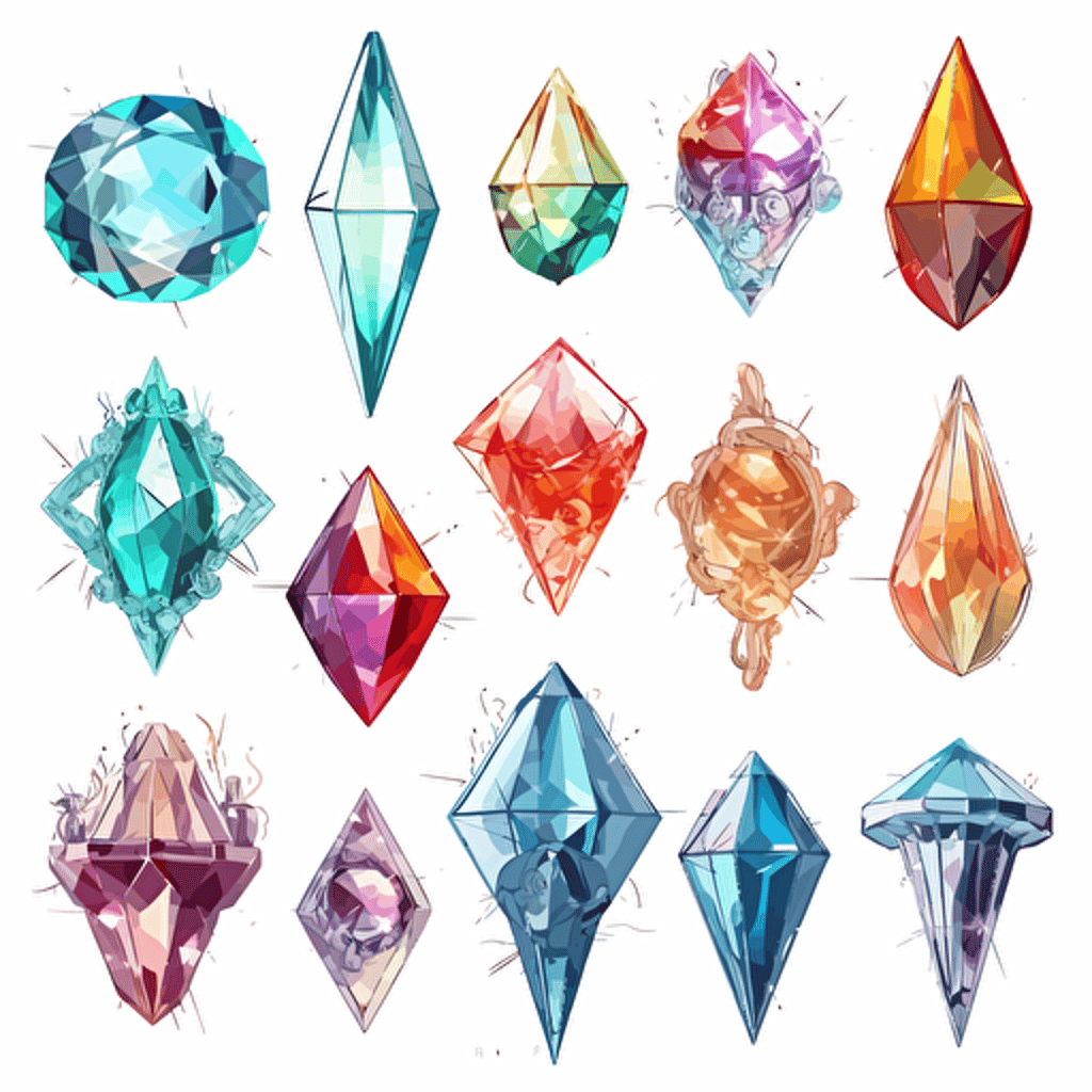 Collection of futuristic cut jewels, cyber punk, translucent, shiny object, high detail, symmetrical, vector, cartoon, white background