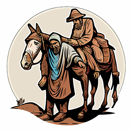 The Good Samaritan, The Good Samaritan helping someone in need, STICKER, calm and peaceful mood, earthen colors, in the style of Nerfect, CONTOUR, VECTOR, WHITE BACKGROUND, high detail