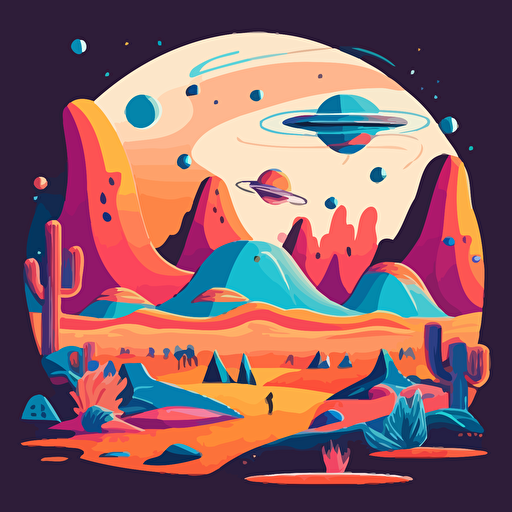 2d flat vector cartoon illustration, vivid colored mountain s on an alien planet with galaxies in the sky, mid century style
