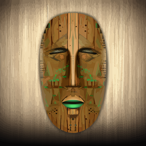 wooden face mask, vector style, brown, green
