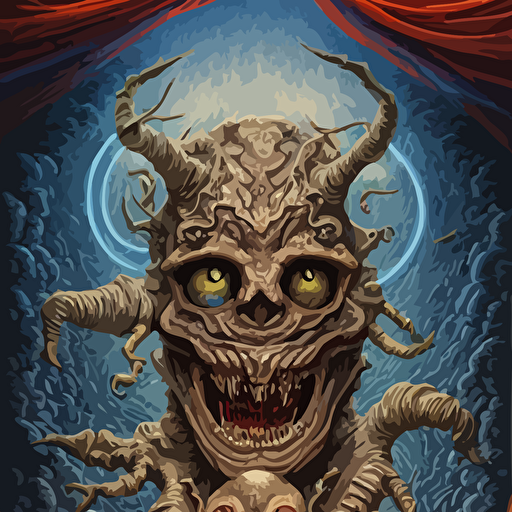 beautiful detailed grotesque monster super cute tarot card tomasz alen kopera justin gerard symmetrical features ominous magical realism texture intricate ornate royally decorated mechanic skeleton whirling smoke embers red adornements blue torn fabric radiant colors fantasy trending artstation volumetric lighting micro details 3d sculpture ray tracing 8k anaglyph effect digital art