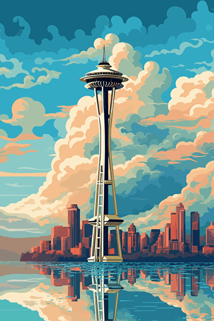 vector art seattle space needle clouds
