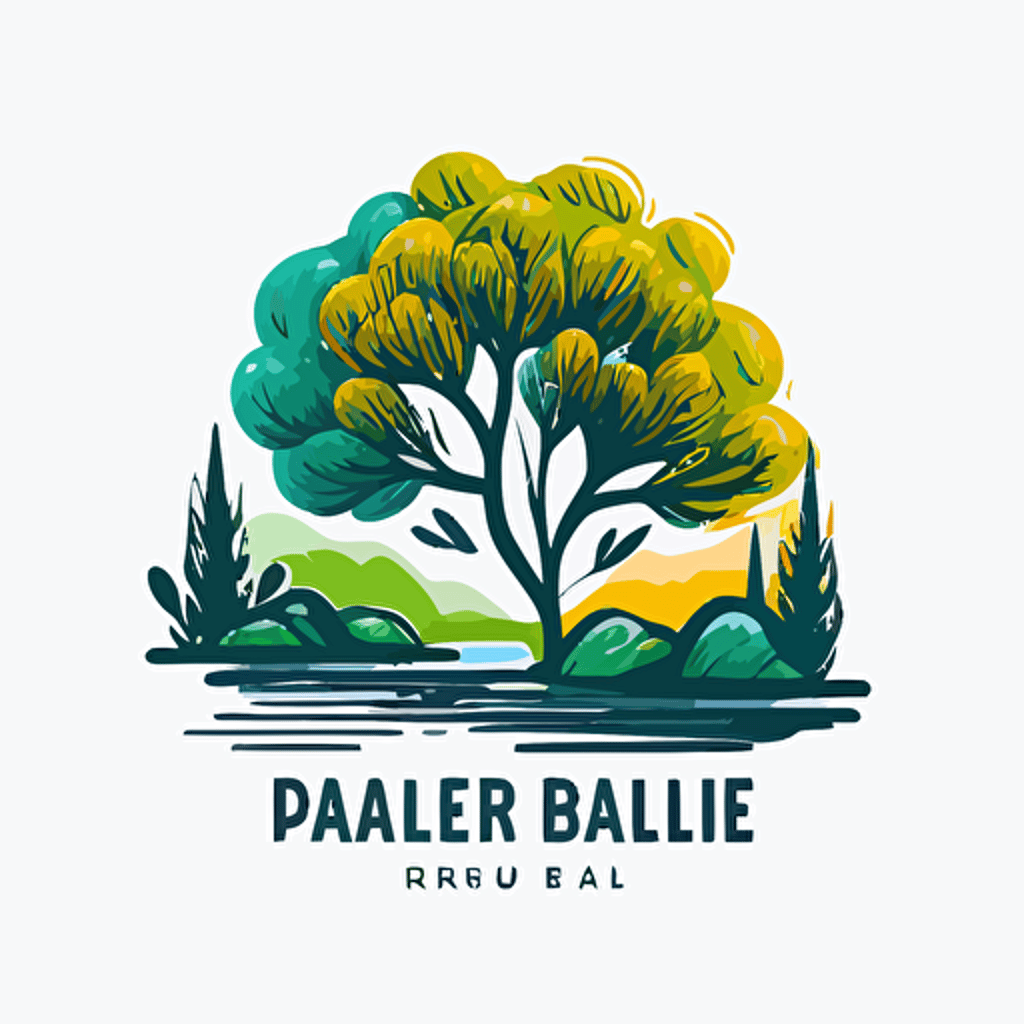 simple 2D logo for a landscape designer, which represents a brush drawing a landscape with a tree and a river in vector quality, bright color
