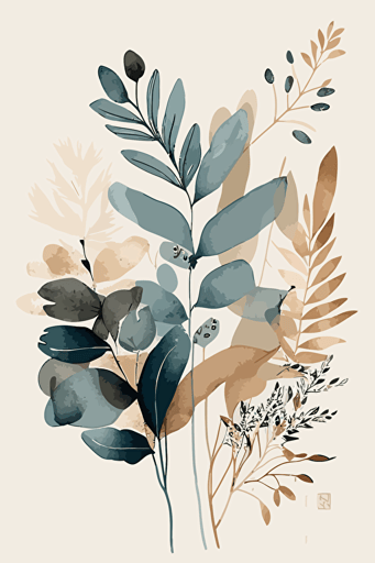 Simple neutral beige and dusty blue abstract watercolour botanical illustration, vector