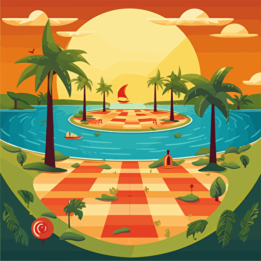 an extremely simple summer themed board game, cartoon, flat, 2D, vector art,