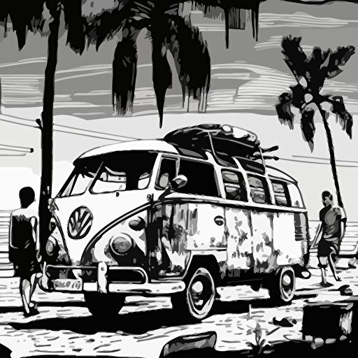 surfers, santa cruz California, vw van, surfboards, black and white, vector