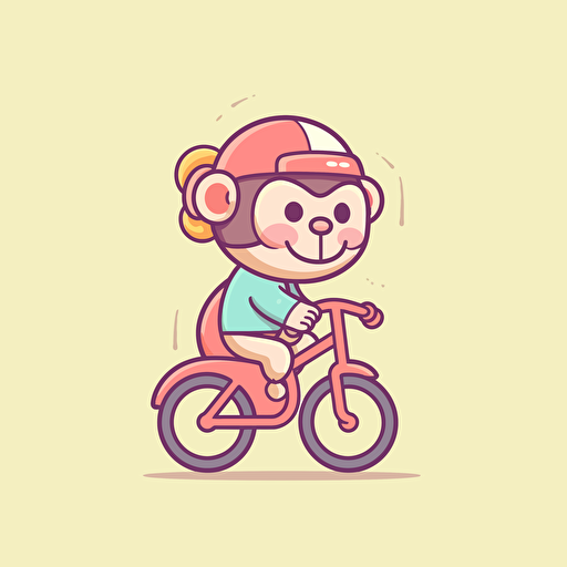 Monkey, Riding a Bicycle, Joyful Pastel Colors, Soft Lighting, Comic vector illustration style, flat design, minimalist logo, minimalist icon, flat icon, adobe illustrator, cute, Simple