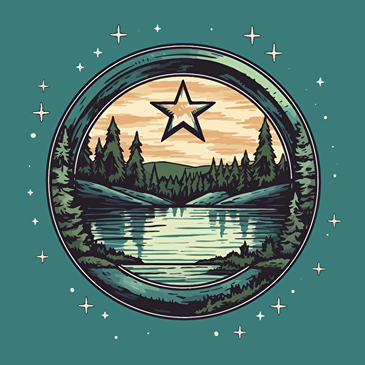 5 point star in the sky over a lake, pine trees, sketch art, logo design, vector style image, adobe illustrator style design, minimalistc, inspirational,
