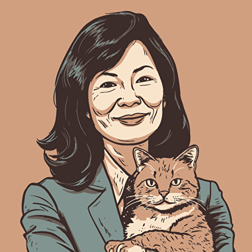 vector art style, 58 year old asian female executive, holding a cat, in the style of Micheal Parks