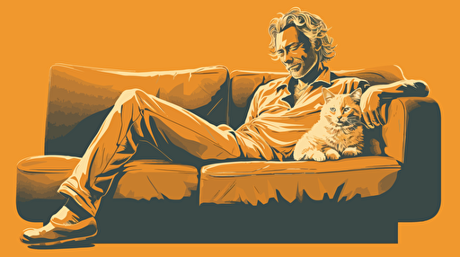 a 43 year old swedish man, lounging on a couch, holding a cat, vector art style like Michael Parks,