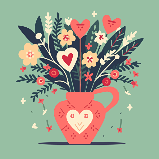 boquet of Valentine's flowers with an arrow groing through the vase in a vector art cartoon style, flat color,