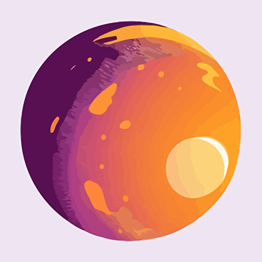 An orange planet shaped like a coin orbiting around a large purple sun, limited color palette, vector, simple