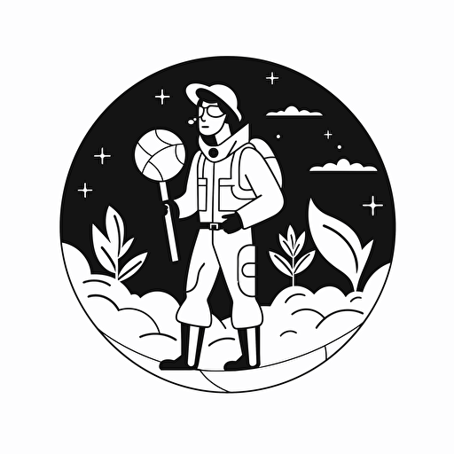 minimalist flat vector black and white illustration of planet hero ecologist