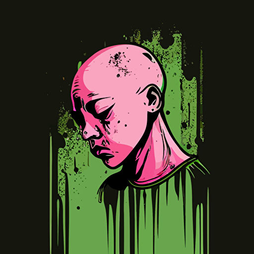 vector,pink,light green, bald girl,depressed,sad,crying, glass head,shaved head
