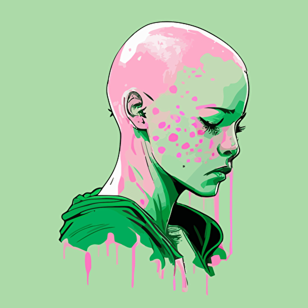 vector,pink,light green, bald girl,depressed,sad,crying, glass head,shaved head