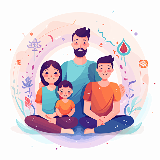 yoga illustration vector :: an illustration vector of two kids and their two parents doing yoga together :: meditation :: kids are in the center of the illustration and the adults are on the sides :: adobe illustrator style, happy faces, colored with hex: 90caf9 and hex: ffb347, UHD