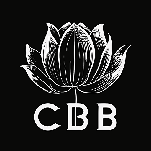 simple iconic logo of a lotus flower with the letters CB, white vector on black background