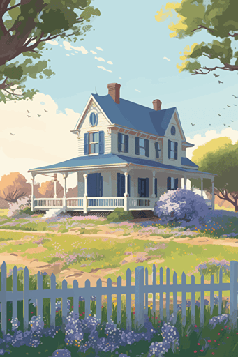 texas farmhouse in spring, wrap around porch, cozy and sweet, bright light, colorful, bluebonnets, vector art, concept art