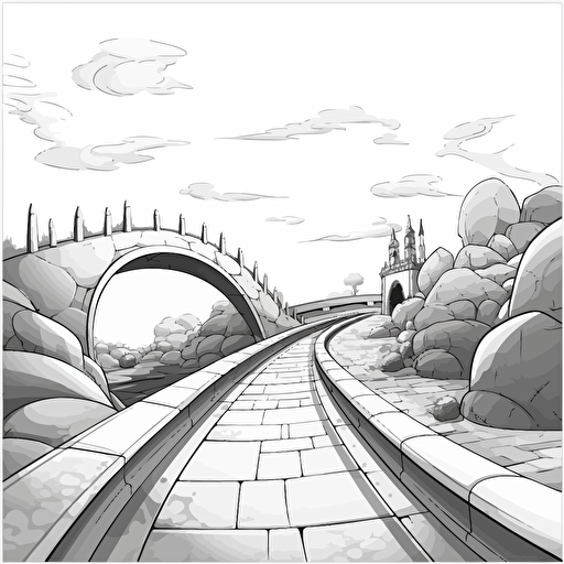 draw vector cartoon art style on white background road from right to left over bridge with few high arches without scenery, use perspective