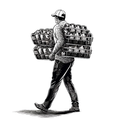Vector image of a man carrying a giant tray of hundreds of pints of beer, logo art, brand logo, black and white, no background,