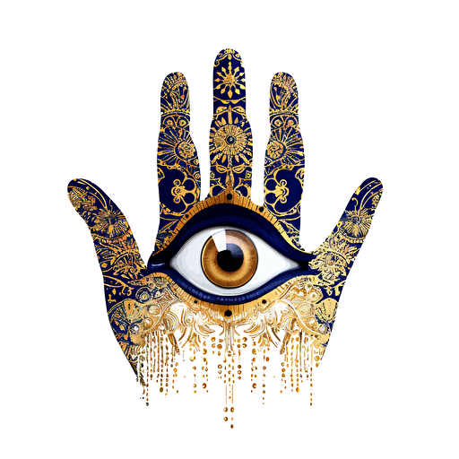fatma's hand navy drawing with gold and navy pattern inside with nazar vector, white background