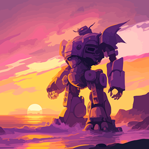 a giant robot statue on an exotic coast line. Colorful sunset of purples and yellows