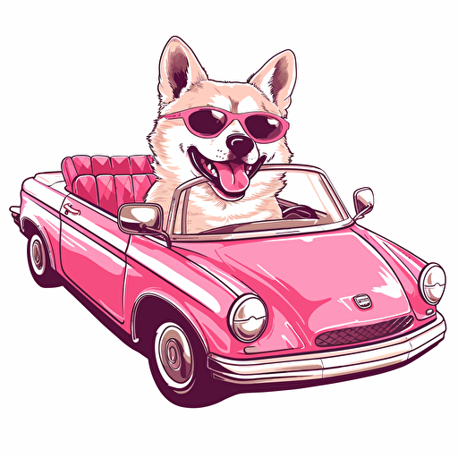 a vector image of a dog driving a pink convertible, logo vector illustration, the dog looks happy, chillin, enjoying the ride, the dog has sunglasses and looks really cool, isolated on white background