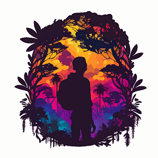 an intricate traveler's silhouette surrounded by a towering cloud forest in vibrant, vectorized style