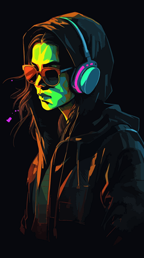 female hacker, black background, radiant vibrant colors, simple vector