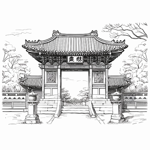 vector, line drawing, simple design, less detailed, Korean traditional gate, front view,