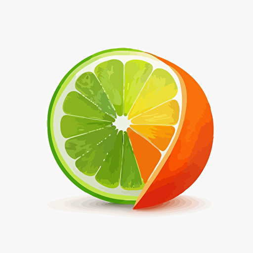 minimalist, orange fruit, half of a green lime in front, 2d, clean, illustration, vector, white background