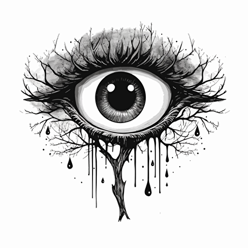 flat vector, occult, logo, black and white, cresent black moon, black stylized moon, eye, moon, tree black tears, with the word: volva