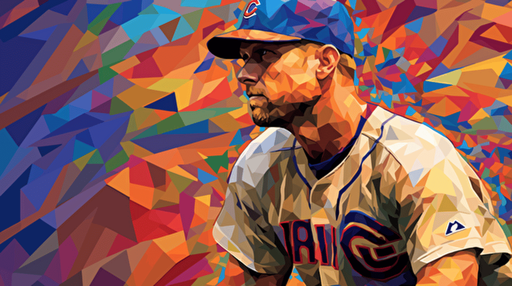 Chicago Cubs player Kerry Wood standing on a pitchers mound. Over his baseball uniform he is wearing a Lab coat and albert einstein hair. cubist painting, Neo-Cubism, layered overlapping geometry, art deco painting, Dribbble, geometric fauvism, layered geometric vector art, maximalism; V-Ray, Unreal Engine 5, angular oil painting, DeviantArt