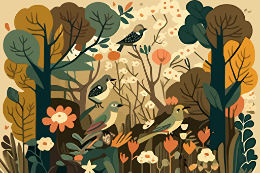 Create a stylized, vector-friendly nature scene featuring trees, birds, and flowers in flat, earthy colors