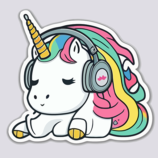 sticker, happy colorful unicorn wearing headphones, kawaii, contour, vector, white background s 250