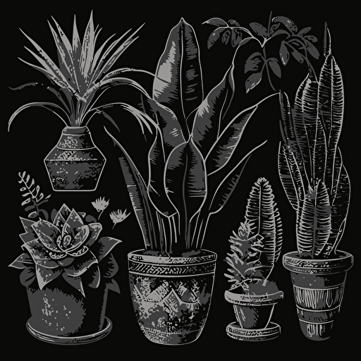 vector family of beautiful houseplants in ceramic pots outlined in white on black textured paper, pencil, sharp and detailed, black and white outline, no fill, include a majestic palm and snake plant, logo