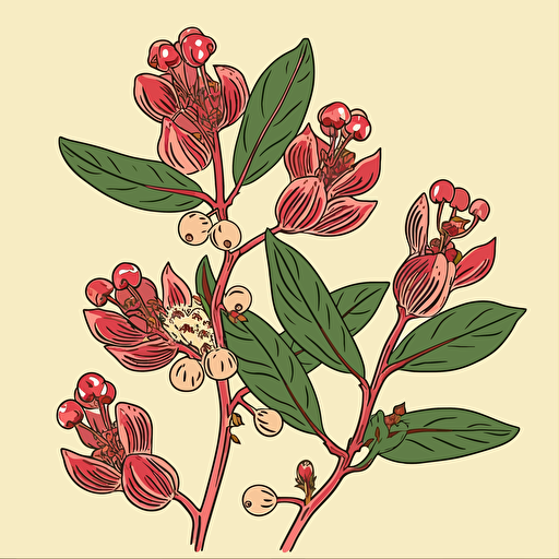 a vector flat image of a curved single stem of gum flowers up close. No shading. Block print red pink and green. Up close. With leaves. Accurate.