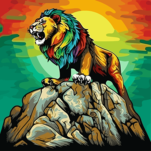 an impressive tenango art lion on a rock, vector, colorful