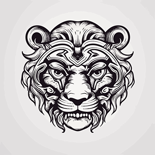 b&w, vectorart, tiger head, japanese style, hanya mask, minimalistic, logo design, max ernst style