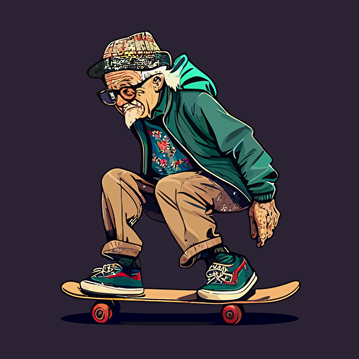 elderly Asian man on a skateboard, wearing trendy skater clothes, vector art