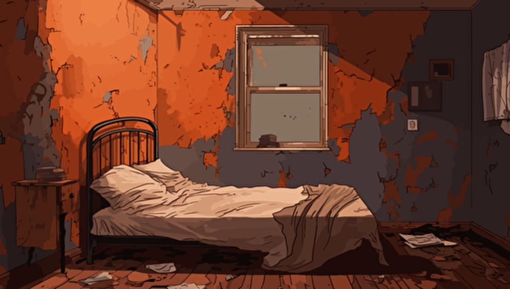 old orange decrepit bedroom wall, 2d animation, anime, vector image