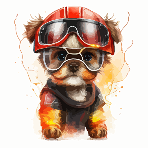 a very cute baby dog wearing very big sunglasses dressed up as a fireman, as a cartoon type, as a vector, white background, bright graffiti colors