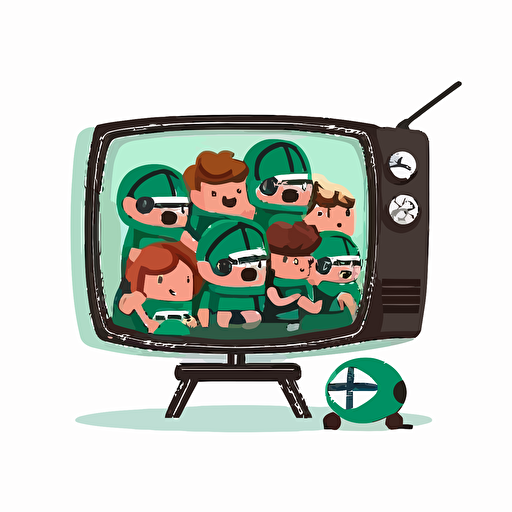 a television with a football displayed on it, a group of chibi people are sitting on a couch looking at the television, cartoon, vector image