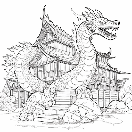 DND Fantasy. Japanese Style dragon. Wooden Architecture. No Shadow. Cartoon. Coloring page. Vector. Simple.