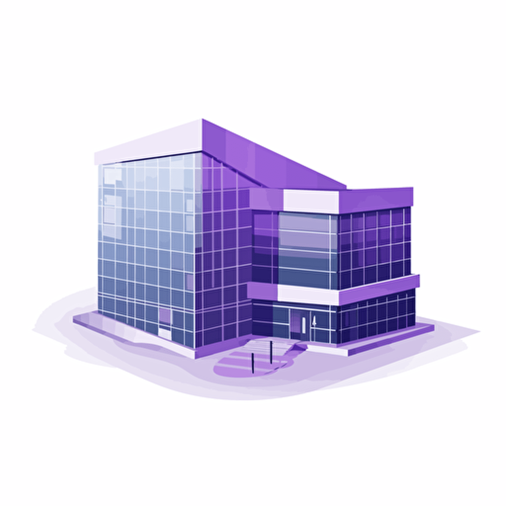 Vector illustration of a company building, white background, subtle purple gradient