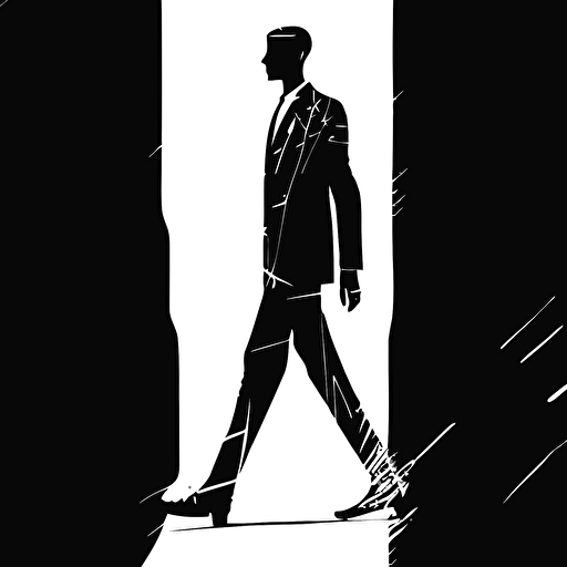 /an illustration of a men with long legs , disproportionate to his body, walking sideways, black and white. outline, vector, imprefeect stroke. modern, cool, creative