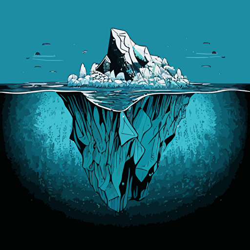 an iceberg floating in big blue water, in the style of back and white vector and doodle