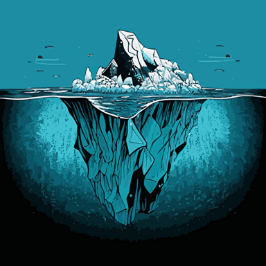 an iceberg floating in big blue water, in the style of back and white vector and doodle